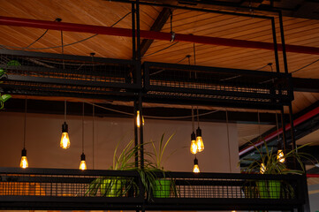 Ceiling light bulb with green plant on photon of wooden ceiling in cafe