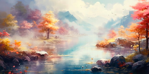 A living watercolor where colors blend and flow, forming new landscapes . Generative AI