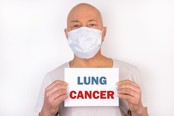 A sick man holds a tablet with the text Lung Cancer. Medical concept.