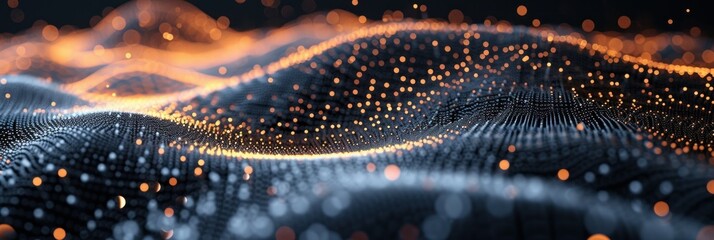 Abstract digital wave of particles, futuristic background with flowing neon colors and dots.