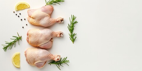 Raw chicken legs arranged with fresh herbs and lemon on a white background for use in culinary preparation, illustrating freshness and organic quality