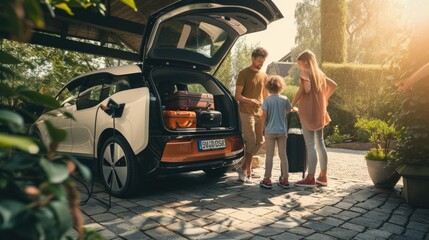 A family is loading luggage into the rear of their vehicle for a leisurely travel, surrounded by trees and plants. AIG41