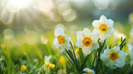 Bright white and yellow daffodils bloom amidst lush greenery, their delicate petals basking in the gentle glow of spring's warm sunlight