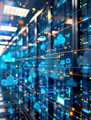 Obraz premium Virtual cloud network shown as interconnected data centers, emphasizes strength and worldwide coverage