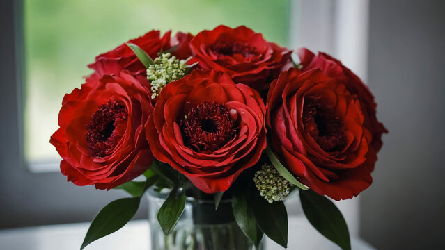 close-up, selective focus,, bright, red roses. Floral background,

