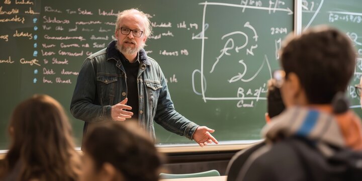 In a well-lit classroom, a mature professor is teaching or explaining a complex concept with a chalkboard in the background