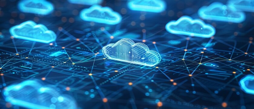 Depiction of a cloud computing system scalability, illustrating a network dynamically growing to handle increased data in real time