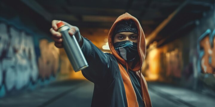 With dynamic energy, a hooded graffiti artist is depicted in action, spraying paint, vividly bringing art to life against a gritty underground background