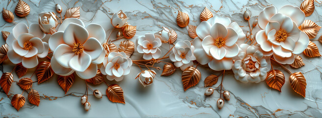 D wallpaper with a marble floral frame and gold leaves, white background