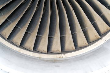Close-up of aircraft engine with blades and numbers at Swiss airport Zürich Kloten on a spring evening. Photo taken April 9th, 2024, Kloten, Switzerland.
