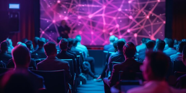 An auditorium filled with attentive spectators absorbed in a presentation at a futuristic conference event with striking pink and blue lights in the background