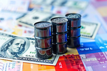 Black barrels of oil on dollar bills. The concept of enrichment using petroleum products. The concept of rising prices for oil and petroleum products. Generated by artificial intelligence