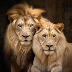Majestic African lion couple loving pride of the jungle - Mighty wild animal of Africa in nature. 