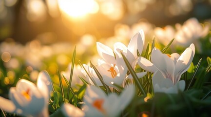 Gentle white crocuses bloom in a sunlit field, heralding spring's arrival amidst a warm golden glow, symbolizing new beginnings and nature's rebirth - obrazy, fototapety, plakaty