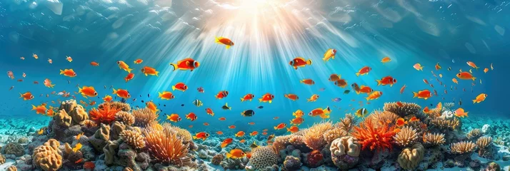 Tuinposter Underwater art in a fluid world of colorful fish, corals, and stony reefs © Наталья Бойко