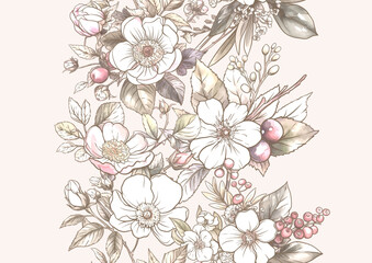 Boutonniere of wild rose flowers and berries Seamless pattern, background. Outline hand drawing vector illustration. In botanical style - 787982582