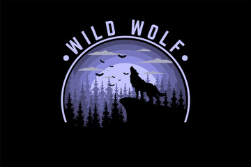 Wild Wolf Retro Vintage Design Landscape