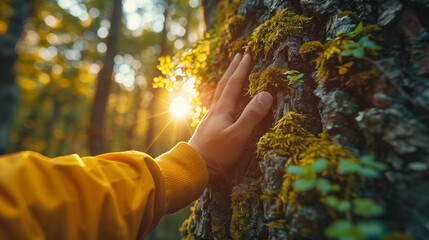 Young woman in yellow jacket standing near the tree and touching the bark - Powered by Adobe