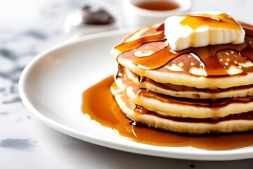 A closeup of a stack of pancakes with maple syrup on top, served on a white plate.