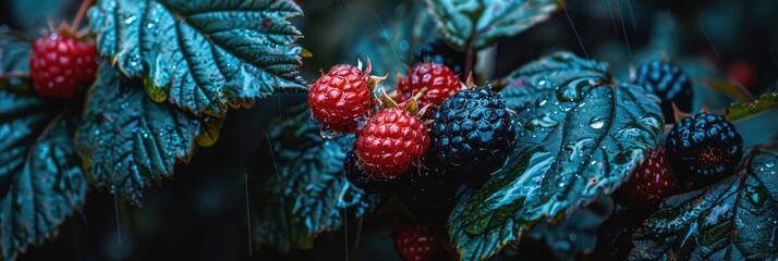 Branch of ripe raspberries. Red berries growing on a raspberry bush in an orchard. - Powered by Adobe
