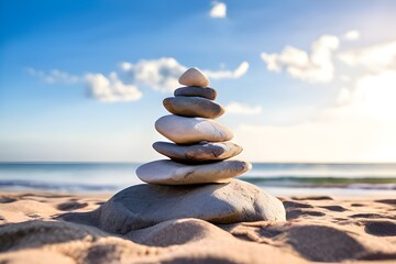 Fototapeta na wymiar Stack of stones on the beach - a serene Zen concept of a pyramid of pebbles, symbolizing balance and tranquility.