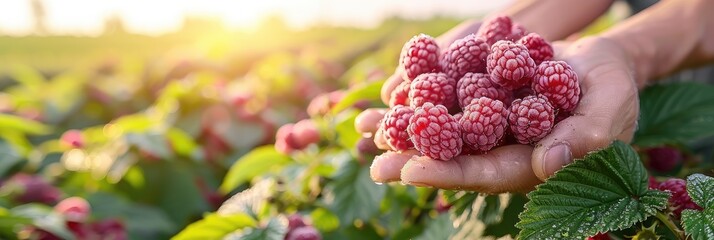 A man holds raspberries in his hands, harvesting