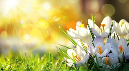 Papier Peint photo autocollant Jaune Bright spring sunshine bathes elegant white crocuses and vivid yellow daffodils emerging amidst verdant grass, symbolizing the vibrant reawakening of nature