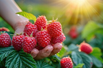 A man holds raspberries in his hands, harvesting