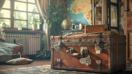 A large suitcase packed with essentials, ready for adventure, set in a cozy, inviting room - obrazy, fototapety, plakaty