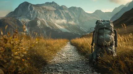 A serene path stretches towards towering mountains, a travel backpack eagerly awaiting the adventure - obrazy, fototapety, plakaty