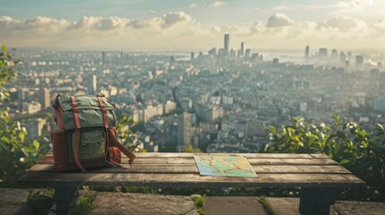 A solitary wooden bench with a travel backpack and a detailed city map, the journey awaits in the cityscape