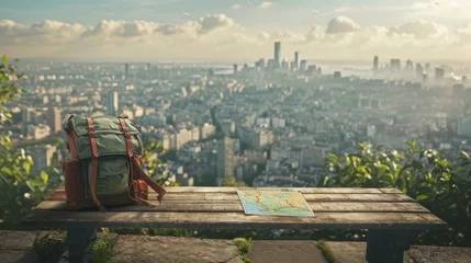 Foto op Plexiglas A solitary wooden bench with a travel backpack and a detailed city map, the journey awaits in the cityscape © Alpha