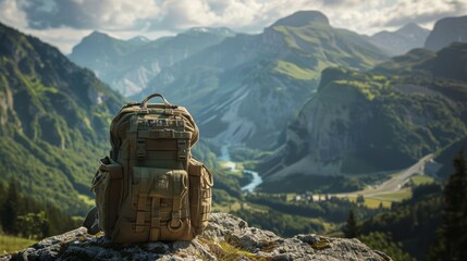 A tactical military bag, its contents a mystery, stands ready at a historic viewpoint, overlooking a valley once rich with gold - obrazy, fototapety, plakaty