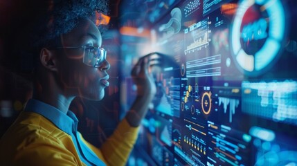 A woman in glasses looking at a large screen with data on it, AI