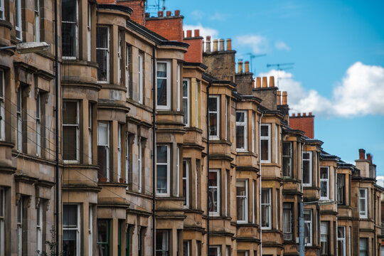 Close-up of a Row of traditional terraced residential buildings, Glasgow, Scotland, UK