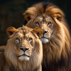 Obraz premium Majestic African lion couple loving pride of the jungle - Mighty wild animal of Africa in nature. 