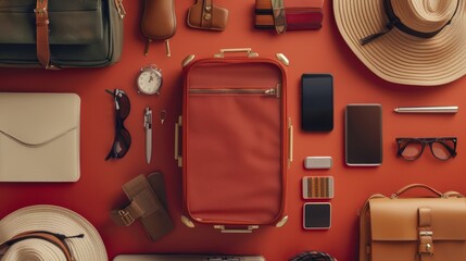 A travel concept with a small suitcase, neatly arranged accessories, highlighting efficient packing