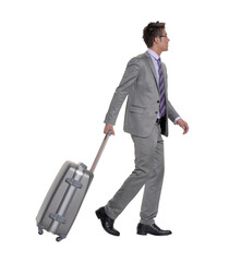 Traveler businessman walking holding luggage trolley isolated on transparent layered background.