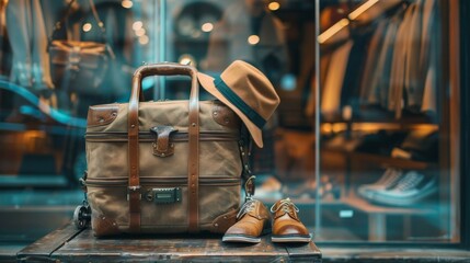 Accessories sprawled around a neatly packed suitcase, wheels poised near a glass window, symbolizing departure