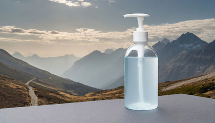 bottle of cosmetic in the mountains - obrazy, fototapety, plakaty