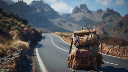 Close-up of a backpack ready for adventure, with a long winding road and mountain backdrop inviting exploration - obrazy, fototapety, plakaty