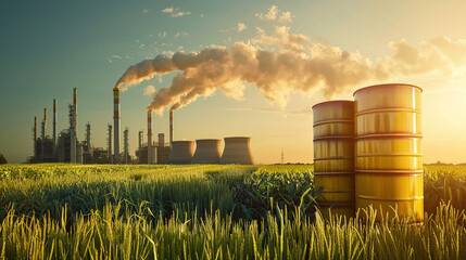 ecological fuel, energy concept Nuclear Power Plant in Sunset Among Industrial Landscape - obrazy, fototapety, plakaty