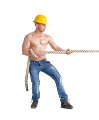 Strong worker pulling a rope isolated on transparent layered background.