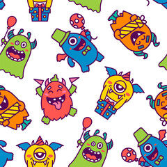 Kawaii cute party monsters. Seamless pattern. Happy birthday gifts, funny alien, greeting cake. Hand drawn style. Vector drawing. Design ornaments.