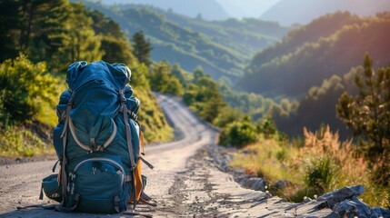 Close-up of a backpack ready for adventure, with a long winding road and mountain backdrop inviting exploration