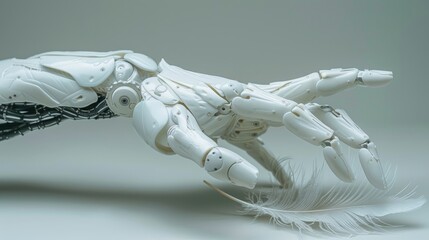 A robotic hand delicately grasping a white feather on a plain gray background.