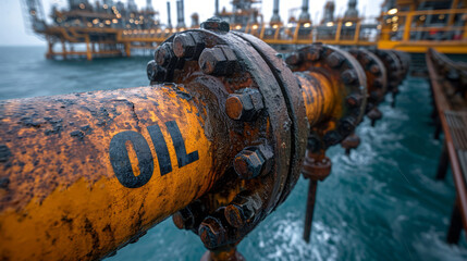 The oil pipelines connecting the offshore platform to the ocean demonstrate the latest industry technologies. Rusted oil pipelines highlight the technical complexity of oil production