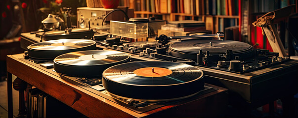 Vintage turntables and records in dim room - obrazy, fototapety, plakaty