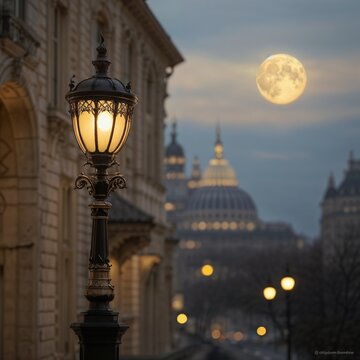 street lamp at night or moon light , AI Generated.