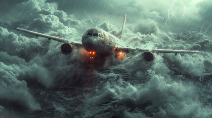 The aftermath of a plane crash involving a passenger plane. An airliner descending into the tumultuous ocean during a storm.